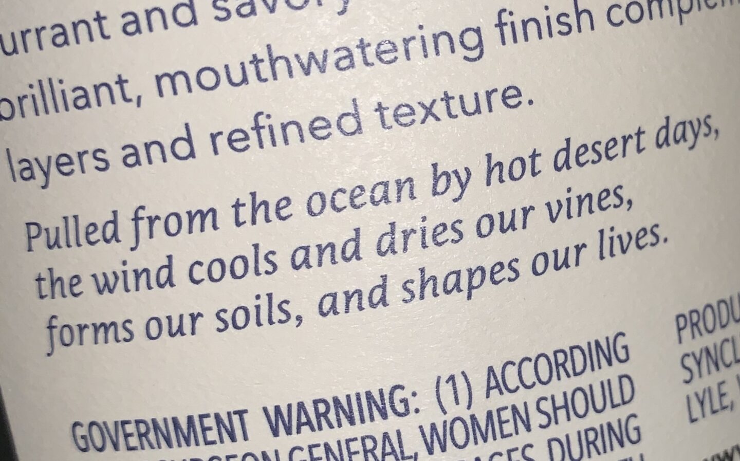 Syncline Cellars Back Label poem.
