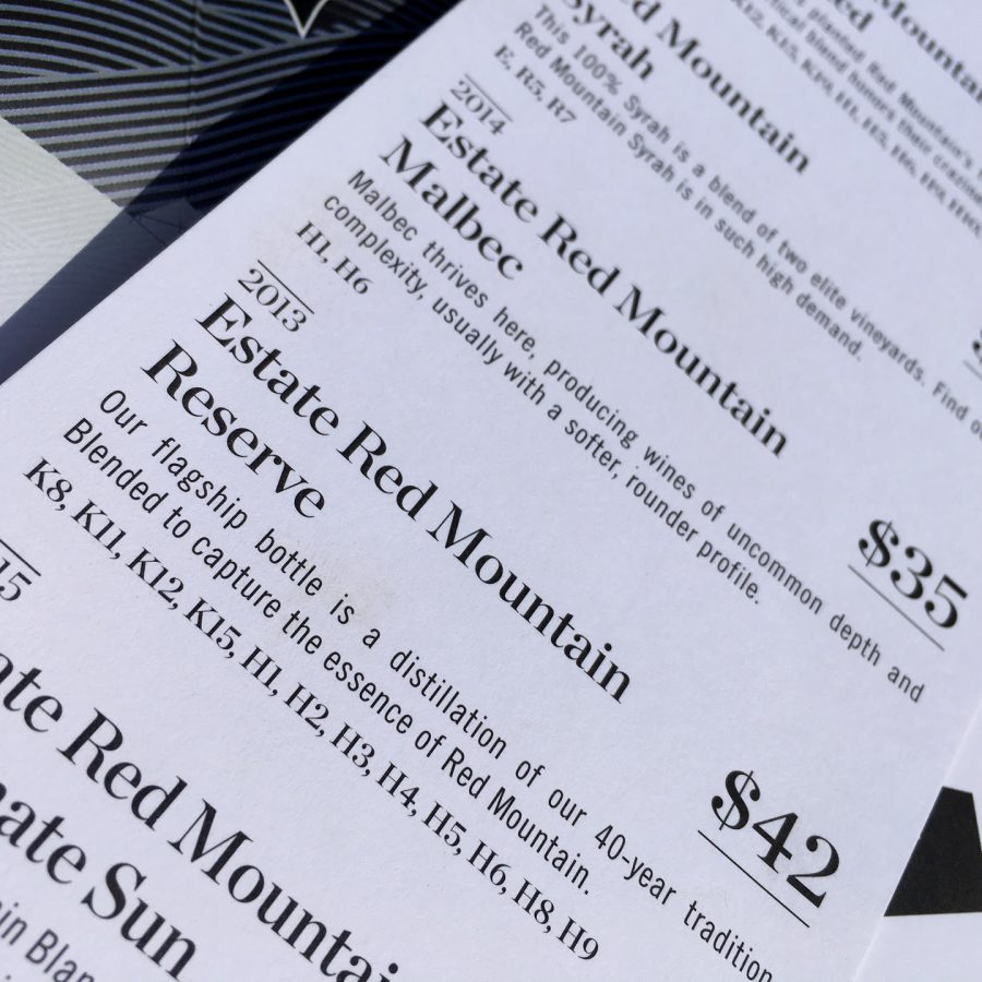 Kiona Vineyards and Winery Red Mountain Tasting List